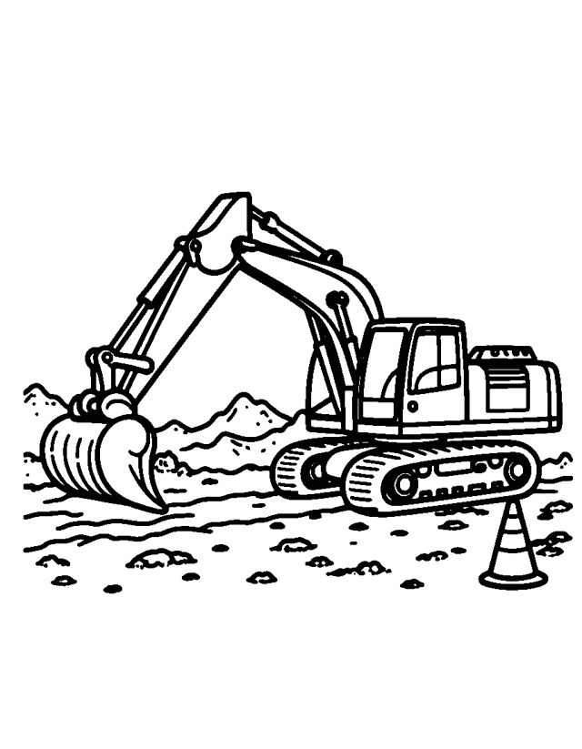 Excavator on the Building Site — simple coloring page for toddlers