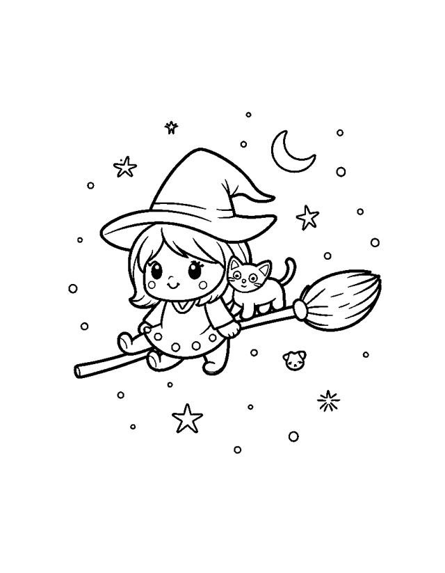 Little Witch on a Broomstick — simple coloring page for toddlers