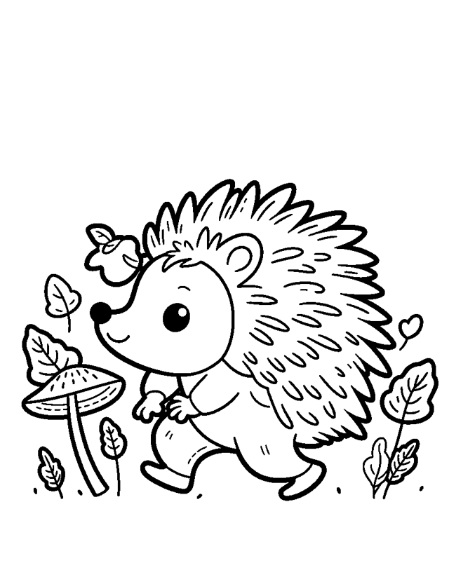 Hedgehog in Autumn Leaves — simple coloring page for toddlers
