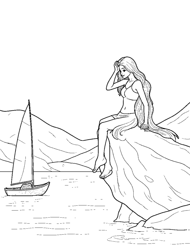 The Loreley on the Rhine — simple coloring page for toddlers