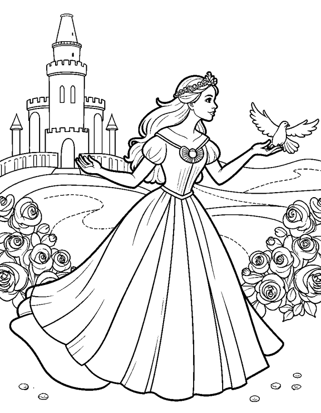 Princess in the Castle Garden — simple coloring page for toddlers