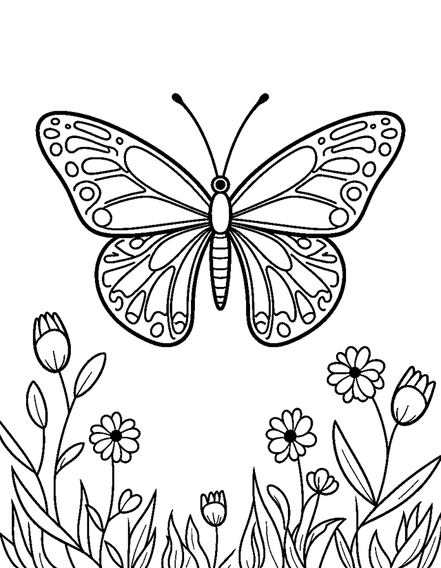 Butterfly over Flowers — simple coloring page for toddlers